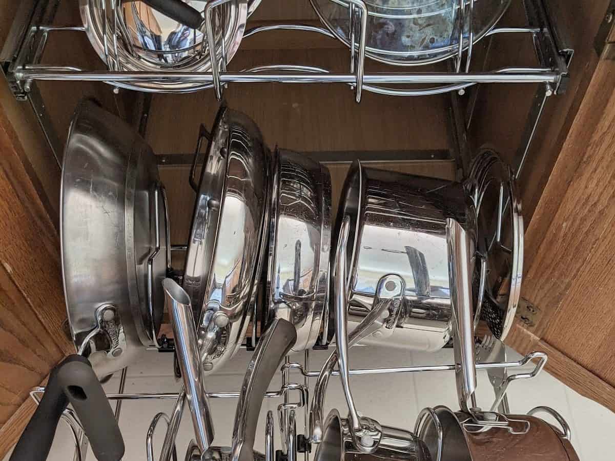 stainless cookware in pull-out organizer